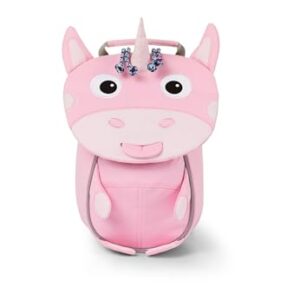 Ergonomischer Kindergarten-Rucksack für Kinder von 1 bis 3 Jahren in Form eines Einhorns, rosa mit reflektierenden Details und Namensschild.