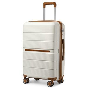 Mittelgroßer British Traveller Reisekoffer in Beige mit 8 Spinnerrädern und TSA-Schloss, ideal für 1 bis 2-wöchige Reisen.