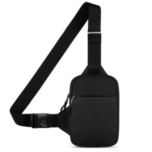 Schwarze Umhängetasche im modernen Design, ideal für Outdoor-Aktivitäten wie Wandern und Reisen, mit verstellbarem Schultergurt.