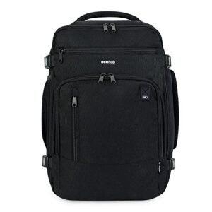 Nachhaltiger ECOHUB Rucksack in Schwarz, 40x20x25 cm, ideal für Handgepäck und Reisen mit Laptop-Fach, gefertigte aus 100% recyceltem PET, wasserdicht und patentiert.