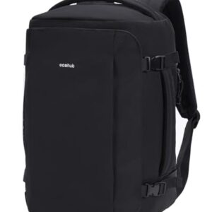 Schwarzer ECOHUB Ryanair Handgepäck Rucksack 40x20x25 cm mit minimalistischen Design und gepolsterten Tragegurten, ideal für Flugreisen und umweltbewusstes Reisen.