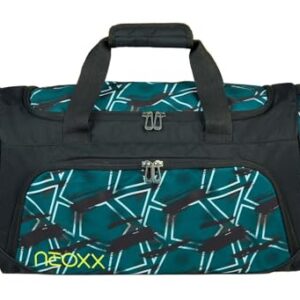 Sporttasche neoxx Move in Teal mit geometrischem Muster und stabilen Trageriemen, ideal für den aktiven Lebensstil.