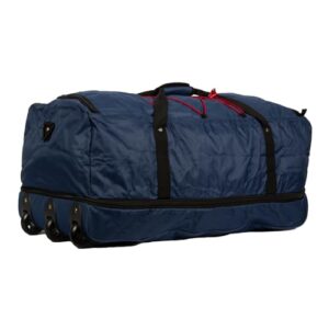 Kleine Perspektive auf eine große, wasserabweisende Reisetasche in Blau mit Tragegriffen und Rollen für einfaches Transportieren, ideal für Reisen und Sport.