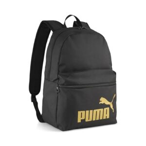 PUMA PHASE Backpack in mattschwarz mit goldfarbenem Puma No.1 Logo, ideal für den Alltag und sportliche Aktivitäten.