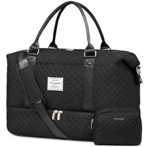 Stylische und funktionale Reisetasche für Damen mit gestepptem Design, mehreren Taschen und abnehmbarem Schultergurt, ideal für Reisen und Sportaktivitäten.