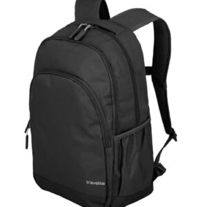Schwarzer Travelite Handgepäck Rucksack mit gepolstertem Laptopfach für Laptops bis 15,6 Zoll, geeignet für Reisen und Sport.