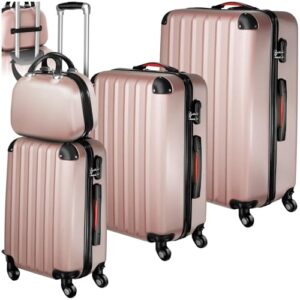 Tectake 4-teiliges Reisekofferset mit abnehmbaren Rollen 360°, robuste Hartschalenkoffer mit TSA Zahlenschloss, Koffer groß und ineinander stapelbar, Trolley Handgepäck - roségold