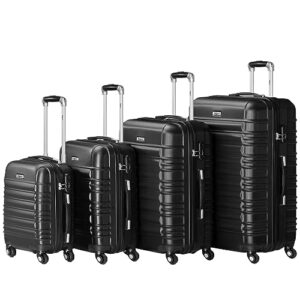 Zelsius Koffer Set 4 Stück, Schwarz | ABS Hartschalenkoffer mit Zahlenschloss, 4 Rollen und Innen Trennwand | Handgepäckkoffer, Hartschalenkoffer Set 4 teilig, Trolley, Koffer Groß
