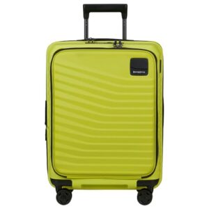 Vibrantes gelbes Samsonite Intuo Spinner S Reisegepäck mit sturzfestem Griff und Rädern, expandierbarer oberer Abschnitt für zusätzlichen Speicherplatz, wenn benötigt, geschlossener Koffer mit schlanker Gestaltung, schwarzer Bezeichnung auf der Vorderseite