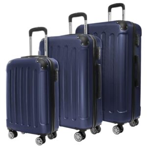 Drei blaue Koffer mit schwarzen Griffen und Rädern auf weißem Hintergrund. Der erste und zweite Koffer haben silberne Schlosser, während der dritte Koffer einen Schlosser an einem Ende und einen Griff am anderen hat.