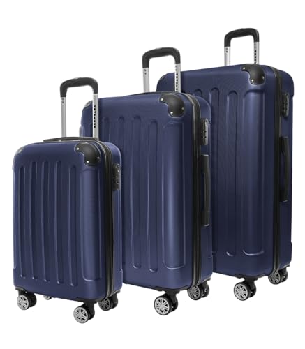 Drei blaue Koffer mit schwarzen Griffen und Rädern auf weißem Hintergrund. Der erste und zweite Koffer haben silberne Schlosser, während der dritte Koffer einen Schlosser an einem Ende und einen Griff am anderen hat.