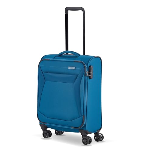 Ein blauer Travelite 4-Rad Koffer mit Rädern und Griff. Der Koffer ist aus robustem Material gefertigt, ideal für lange Reisen. Er hat eine harte Schale, die Ihre Gepäckstücke vor Beschädigungen schützt. Der Griff oben ermöglicht das leichteste Manövrieren durch Flughäfen oder Bahnhofsgebäude. Mit einer Kapazität von 34 Litern ist dieser Koffer geeignet für längere Reisen oder Geschäftsreisen.