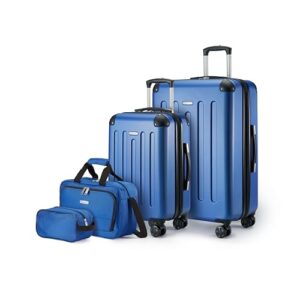 Hartschalenkoffer-Set mit 4 Teilen, großer Koffer, Handgepäckkoffer, Tragetasche und Reisetasche in Marineblau mit erweiterbarer Kapazität und 4 Spinner-Rädern.
