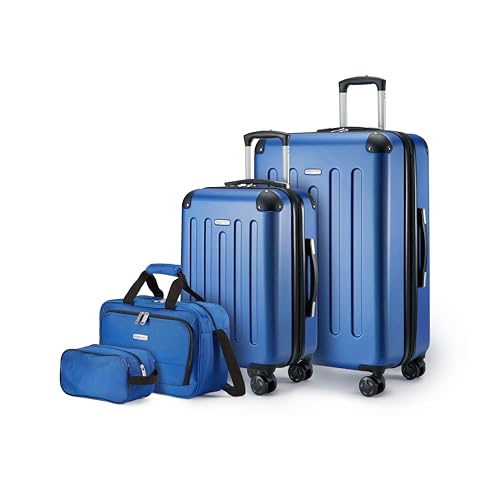 Hartschalenkoffer-Set mit 4 Teilen, großer Koffer, Handgepäckkoffer, Tragetasche und Reisetasche in Marineblau mit erweiterbarer Kapazität und 4 Spinner-Rädern.