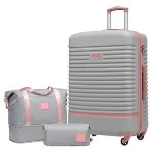 COOLIFE Koffer Set 3-TLG: Großer Koffer und Reisetasche mit ABS Hartschalen, leichten Rädern und TSA-Schließern für Europa, Kreuzfahrt und Auslandsstudium - Familienurlaub-Essentials in Grau/Rosa