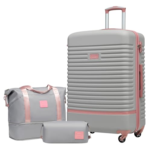 COOLIFE Koffer Set 3-TLG: Großer Koffer und Reisetasche mit ABS Hartschalen, leichten Rädern und TSA-Schließern für Europa, Kreuzfahrt und Auslandsstudium - Familienurlaub-Essentials in Grau/Rosa