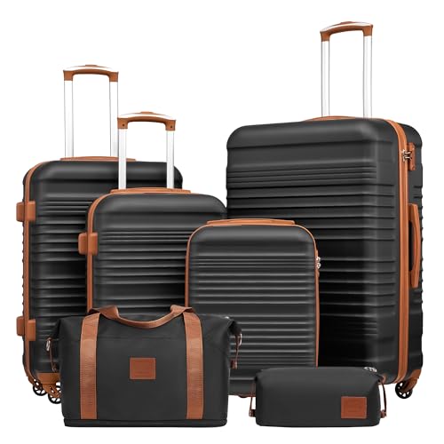 COOLIFE Koffer Set 6 Teilig: Luggage Set 16" 20" 24" 28" + Reisetasche & Kulturtasche, ABS Hartschale, 360° Rollen & TSA-Schloss für Europa, Kreuzfahrt & Auslandsstudium