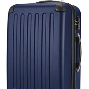 Mittellanger Hartschalen-Koffer mit 4 gummierten Rollen, TSA-Zahlenschloss und Volumenerweiterung. Dunkelblauer Reisekoffer für Geschäftsreisen oder Kurztrip. Größe: 65 cm, Volumen: 74 Liter