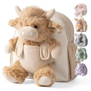 Kindergartenrucksack mit abnehmbarem Spielzeug und Plüsch-Hochlandkuh, ideal für 1-3 Jahre alte Kinder, Kita Rucksack fuer Reise und Geschenk