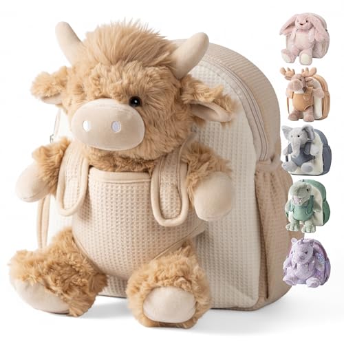Kindergartenrucksack mit abnehmbarem Spielzeug und Plüsch-Hochlandkuh, ideal für 1-3 Jahre alte Kinder, Kita Rucksack fuer Reise und Geschenk