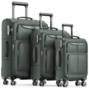 Reisekoffer-Set mit TSA-Schloss und Rollen, SHOWKOO Kofferset 3 Teilig Stoffkoffer Weichschale Erweiterbar Leicht Haltbar Trolley Handgepäck Sets M L XL Armeegrün
