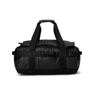 Grauer und schwarzer The North Face Base Camp Voyager Duffel Rucksack mit großen Taschen für Reisen und Outdoor-Aktivitäten.