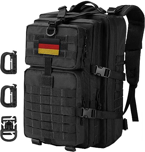 Taktischer Rucksack für Militär und Outdoor-Aktivitäten, Hannibal Tactical 40L Militär Taktischer Rucksack, US Cooper Rucksack Armee Assault Pack 3 Tage Bug Out Go Bag Trekking Wanderrucksack Flagge von Deutschland Karabiner