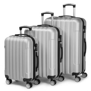 Drei Koffern mit unterschiedlichen Größen in Grau, Reisekoffer Set aus ABS-Material, Hartschalen Koffer Set mit Teleskopgriff und Zahlenschloss