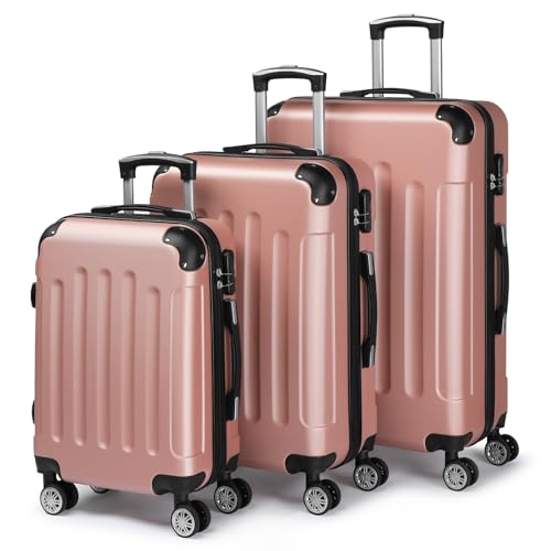 LEADZM 3-stückiges Reisekoffer Set mit Eckenschutz und Teleskopgriff, Hartschalen-Trolley aus ABS, ideal für Handgepäck, Roségold Farbe
