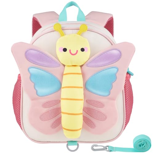 GAGAKU Kinder-Rucksack für Mädchen mit Brustgurt, Anti-Verlorenheit und rosa Schmetterling-Thema