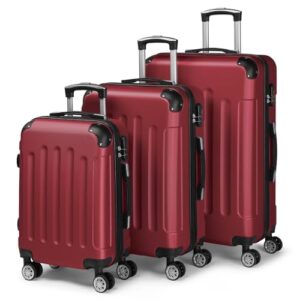 Drei rote Reisetaschen mit schwarzem Griff und Rädern. Die Taschen sind aufeinander gestapelt in einer Reihe. Jede Tasche hat einen Griff am oberen Ende und zwei an den Seiten. Sie haben alle Räder für eine einfache Transportmöglichkeit. Die Farbe der Taschen ist Burgunderrot, was ihnen einen klassischen und eleganten Look gibt. Das Material erscheint als ABS, bekannt für seine Beständigkeit und Einfachheit bei der Reinigung. Dieses Set umfasst eine große Tasche, eine mittelgroße Tasche und eine kleine Tasche, was es perfekt für jede Reise macht.