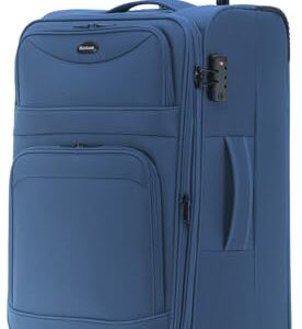 Münicase Stoffkoffer erweiterbar mit Frontfächern, 15% Extra-Volumen, TSA-Schloss, 360° Doppelrollen & verdecktem Namensschild (Dunkelblau, Koffer L)