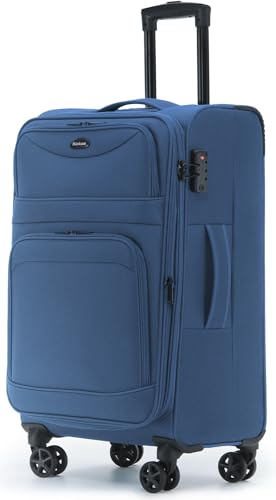 Münicase Stoffkoffer erweiterbar mit Frontfächern, 15% Extra-Volumen, TSA-Schloss, 360° Doppelrollen & verdecktem Namensschild (Dunkelblau, Koffer L)
