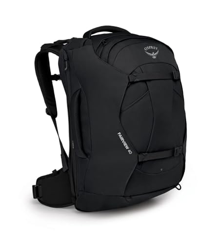 Schwarzer Osprey Fairview 70 Rucksack auf weißem Hintergrund mit robuster Konstruktion, leichtgewichtigem Design und attraktivem Schwarz-Design