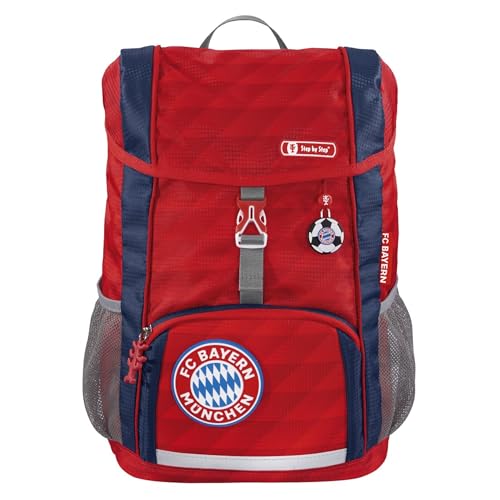 Roter Rucksack mit dem Logo von FC Bayern München, ergonomischer Entwurf mit Reflektoren für Kinder im Alter von Kindergarten bis zur Mittelschule