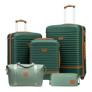 COOLIFE Koffer Set 5-TLG: S+M+L + Reisetasche | ABS Hartschale Leicht, 360° Räder & TSA-Schlösser für Europa, Kreuzfahrt & Auslandsstudium - Familienurlaub Essentials Dunkelgrün/Braun