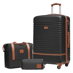COOLIFE Gepäckset mit Koffer, Reisetasche und Kosmetiktasche - Leichtes ABS-Hartschalengepäck für Europa, Kreuzfahrt und Auslandsstudium - Familienurlaub-Essentials in Schwarz/Braun