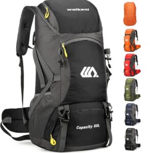Jianyana 50L Trekkingrucksack mit Regenhülle und Wasserdichter Tasche, ideal für Wandern, Camping, Bergsteigen und Reisen, bequemer Tragkomfort und Platz für große Ausrüstung