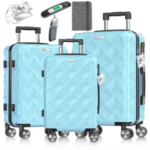 Kofferset mit 3 Teilen, Hartschalenkoffer mit Zahlenschloss und Reisebrieftasche für Business und Reisen in Sky Blue