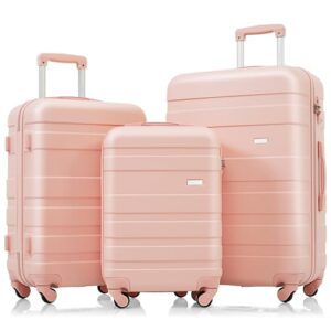 Merax 3-teiliges ABS-Hartschalenkoffer-Set - Leicht, robust, Kratzfest, Hellrosa. Einsetzen Sie die Reise in Sicherheit. Robuste und wasserdichte Koffer für den Transport von Ziebeln. Vier Lenkrollen ermöglichen einen einfachen Rollverkehr.