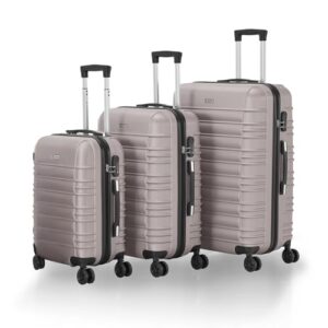 Drei Reisekoffer in verschiedenen Größen, ausgestattet mit Zahlenschloss, geräuschlosen Rollen und Teleskopgriff, für einen bequemen Transport.