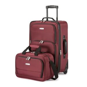 Amazon Basics Weichschalen-Koffer-Set, erweiterbares Handgepäck und Tragetasche aus 100% Polyester, stapelbares Set in Rot