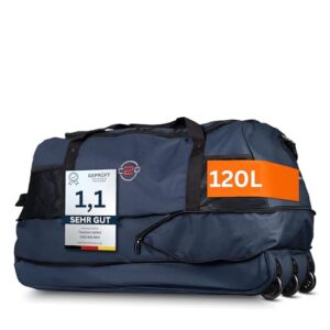 Große Reisetasche mit Rollen, Cocoono XXL Reisetasche mit Rollen – Große Faltbare Rolltasche 120L – Leicht, robust & platzsparend – Sporttasche mit Rollen für Damen & Herren (Navy Steifer-Boden)