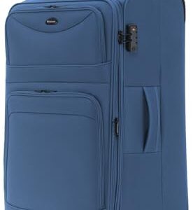 Münicase Stoffkoffer in Dunkelblau, Koffer XL erweiterbar mit Frontfächern, TSA-Schloss und 360° Doppelrollen für Reisen bis 21 Tage
