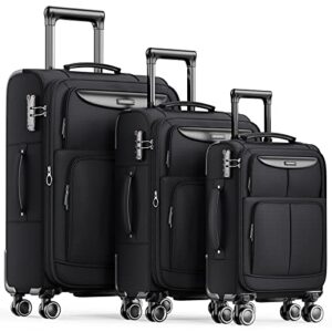 SHOWKOO Kofferset 3 Teilig, Stoffkoffer, Weichschale, Reisekoffer, Erweiterbar, Leicht Haltbar, Trolley Handgepäck Sets mit TSA Schloss und 4 Rollen (M L XL -Schwarz)