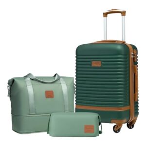 COOLIFE Koffer Set 3-TLG: Handgepäck + Reisetasche | ABS Hartschale Leicht, 360° Räder & TSA-Schlösser Für Europa, Kreuzfahrt & Auslandsstudium – Familienurlaub Essentials Dunkelgrün/Braun
