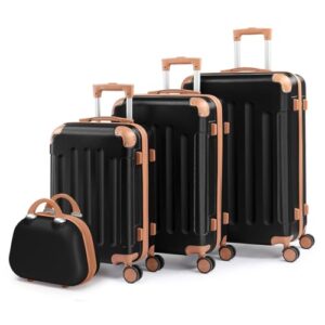 Reisekoffersatz aus ABS, 4-teiliges Set, harte Schälen, große und mittelgroße Koffer, Kosmetikkoffer, Schwarz-Braun