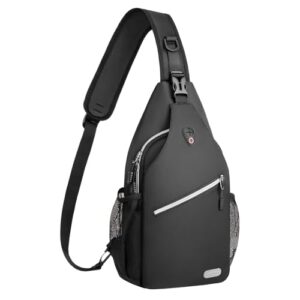 Multifunktionale Sling Bag mit großem Reisverschlussfach und zwei Netztaschen für Wasserflasche oder Regenschirm, ideal für Frauen und Männer als Umhängetasche, Sporttasche oder Reisetasche.