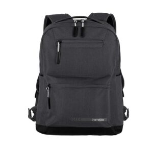 Ein schwarzer Rucksack von Travelite mit einem gepolsterten Laptopfach, ideal für Reisen und Sportaktivitäten.