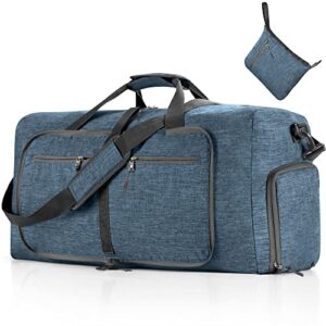 Leichte faltbare Reisetasche Groß 65L Sporttasche für Damen und Herren mit Schuhfach, blau